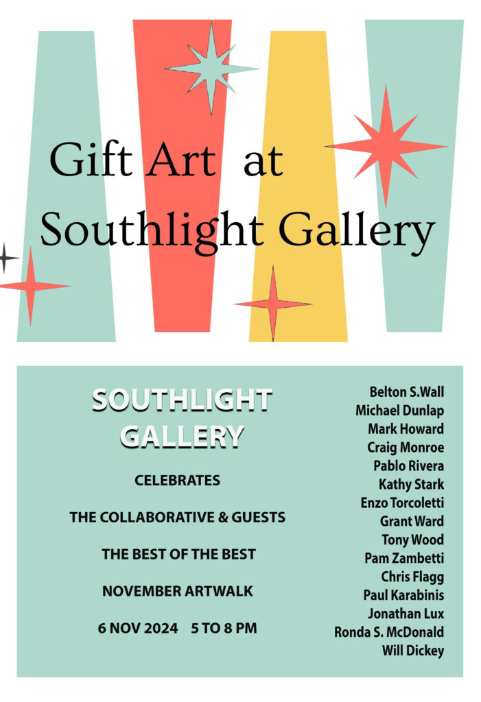Mid Century modern graphics in pale green, melon, and harvest gold advertising Gift Art at Southlight Gallery Novemebr 2024